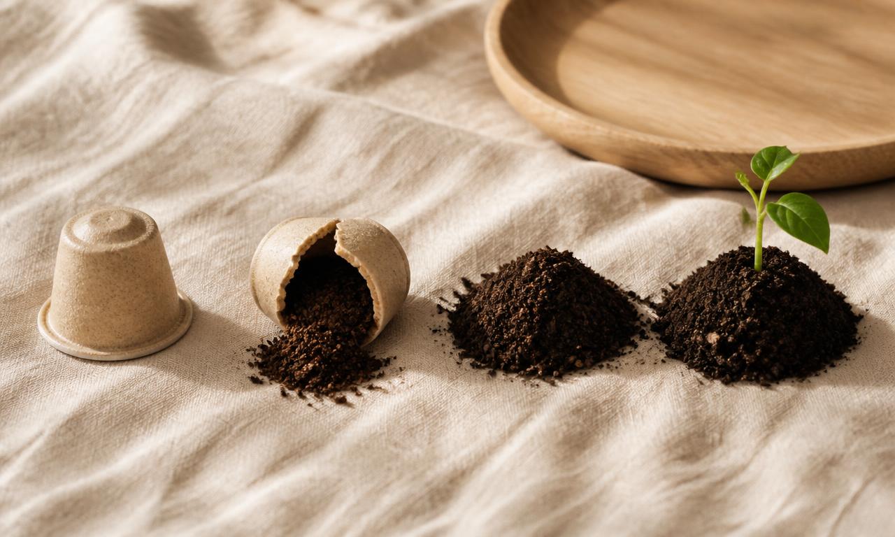 Séquence photo en quatre étapes : une capsule Cafegraal intacte, la même capsule fendue laissant échapper le marc de café, un monticule de compost, puis une jeune pousse de caféier sortant de la terre
