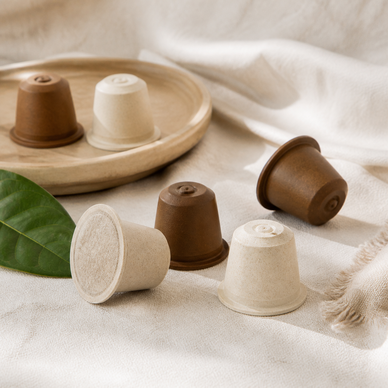 Capsules de café compostables Cafegraal en fibre végétale posées sur un textile crème avec une feuille de caféier verte