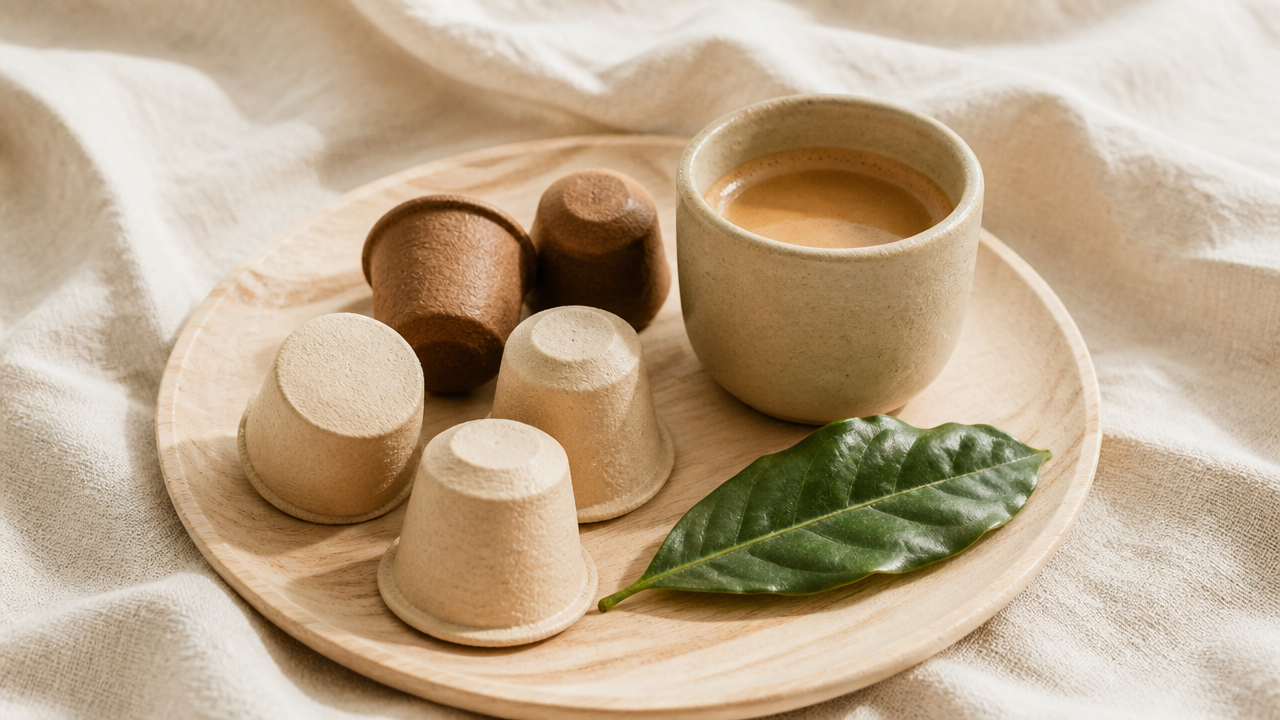 Capsules de café compostables Cafegraal en fibre végétale disposées sur un plan de travail crème
