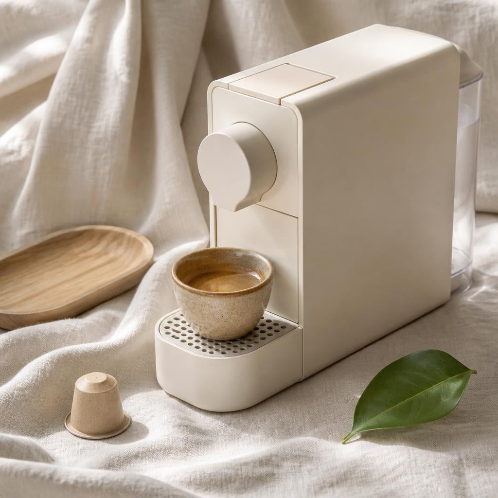 Machine à café espresso compacte crème posée sur du lin froissé avec une capsule compostable Cafegraal