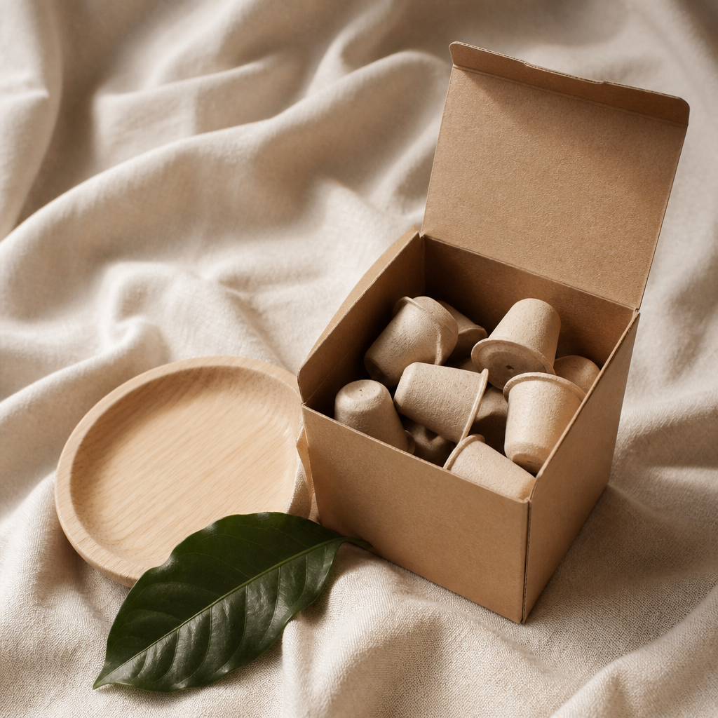 Boîte de capsules compostables Cafegraal Pompei Ristretto ouverte sur un textile beige